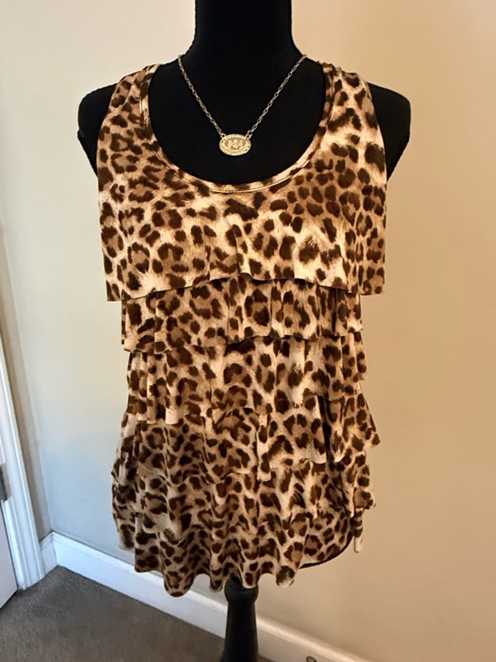 Sleeveless Leopard Print Ruffle Tank Top - Brown